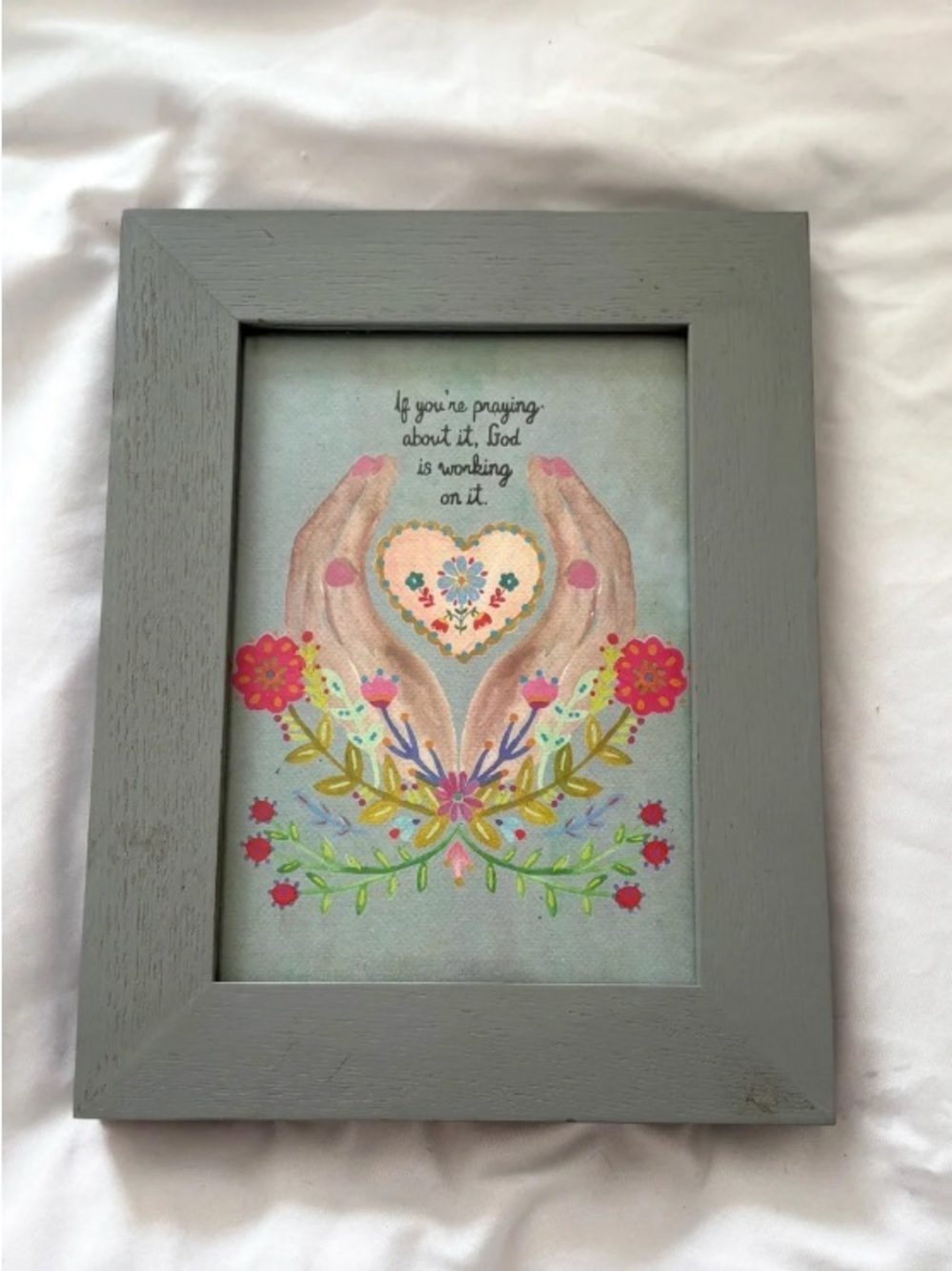 Original artwork framed religious god praying folklore blue home decor wall hand